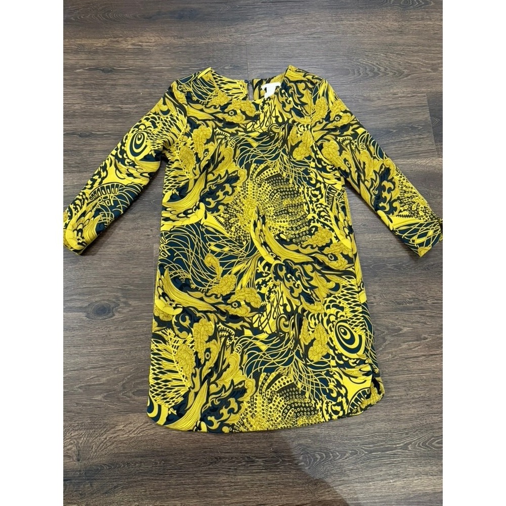 H&M Womens Yellow Black Ornate Print Long Sleeve Mini Dress Size 2